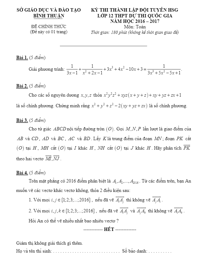 Đề thi thành lập đội tuyển HSG lớp 12 môn Toán dự thi Quốc gia năm học 2016 – 2017 sở GD và ĐT Bình Thuận