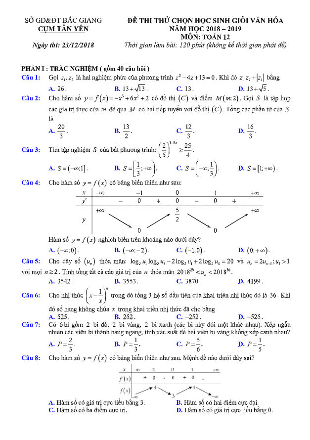 Đề thi thử chọn HSG lớp 12 môn Toán năm 2018 2019 cụm Tân Yên Bắc Giang