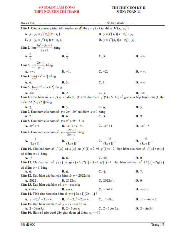 Đề thi thử cuối học kì 2 (HK2) lớp 11 môn Toán năm 2022 2023 trường Nguyễn Chí Thanh Lâm Đồng