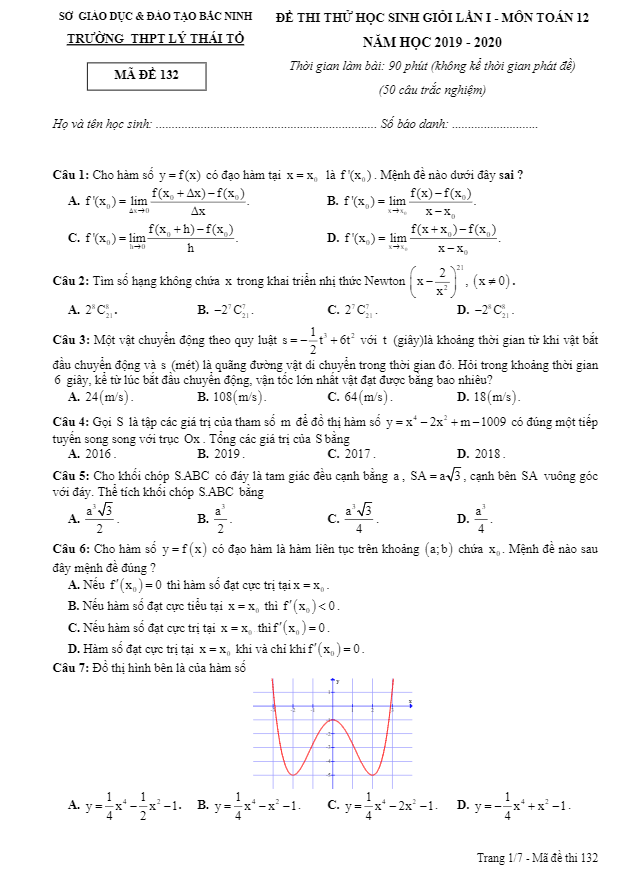 Đề thi thử HSG lần 1 lớp 12 môn Toán năm 2019 2020 trường Lý Thái Tổ Bắc Ninh