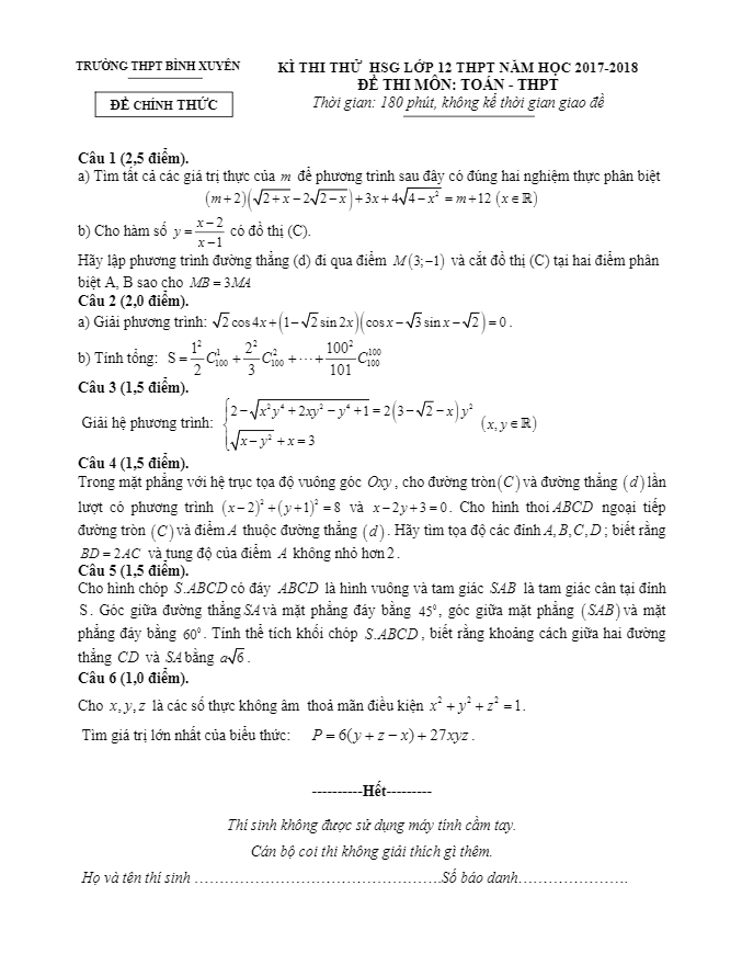 Đề thi thử HSG lớp 12 môn Toán THPT năm học 2017 2018 trường THPT Bình Xuyên Vĩnh Phúc