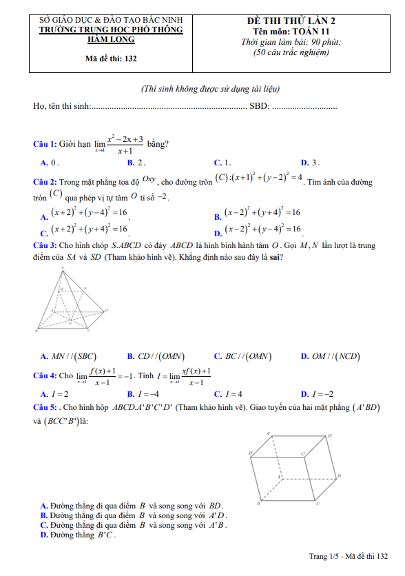 Đề thi thử lần 2 lớp 11 môn Toán năm 2021 2022 trường THPT Hàm Long Bắc Ninh