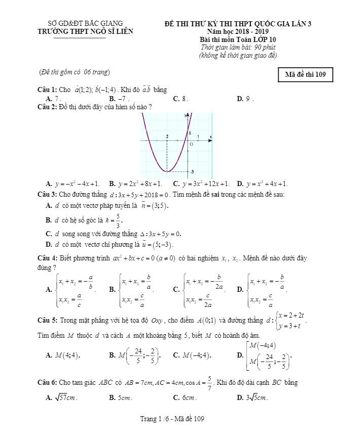 Đề thi thử lớp 10 môn Toán THPTQG 2019 lần 3 trường Ngô Sĩ Liên Bắc Giang