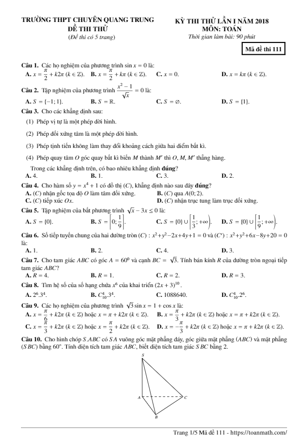 Đề thi thử lớp 11 môn Toán lần 1 năm 2018 trường THPT chuyên Quang Trung Bình Phước