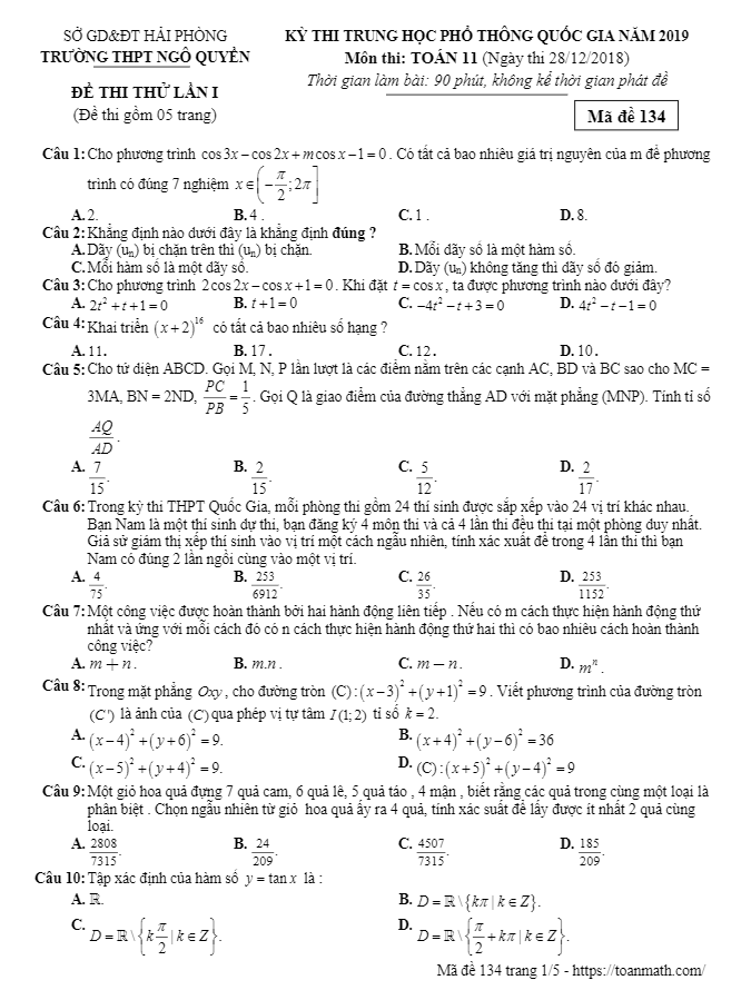 Đề thi thử lớp 11 môn Toán THPT Quốc gia 2019 trường Ngô Quyền Hải Phòng lần 1