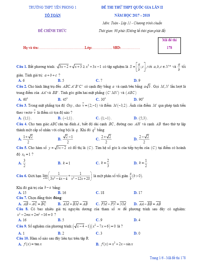 Đề thi thử lớp 11 môn Toán THPTQG 2018 trường Yên Phong 1 Bắc Ninh lần 2