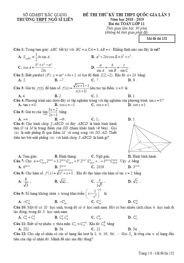 Đề thi thử lớp 11 môn Toán THPTQG 2019 lần 3 trường Ngô Sĩ Liên Bắc Giang
