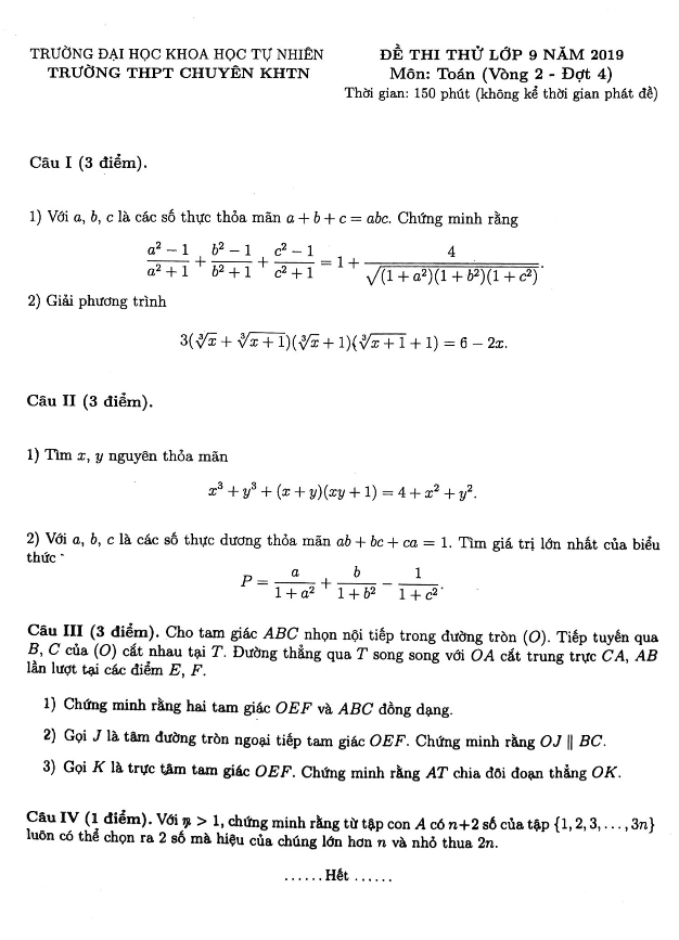 Đề thi thử lớp 9 môn Toán năm 2019 trường THPT chuyên KHTN – Hà Nội (Vòng 2 – Đợt 4)