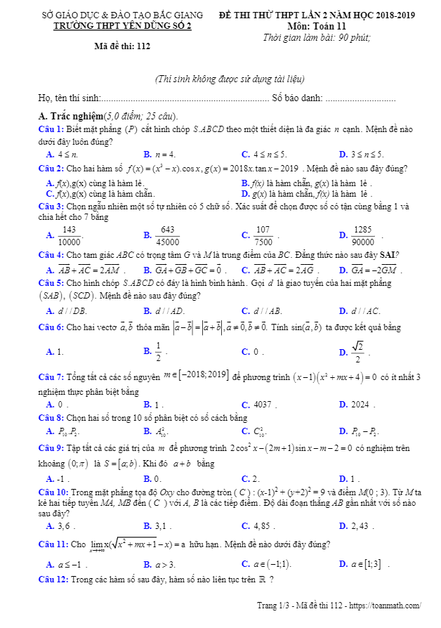 Đề thi thử THPT lớp 11 môn Toán lần 2 năm 2018 2019 trường Yên Dũng 2 Bắc Giang