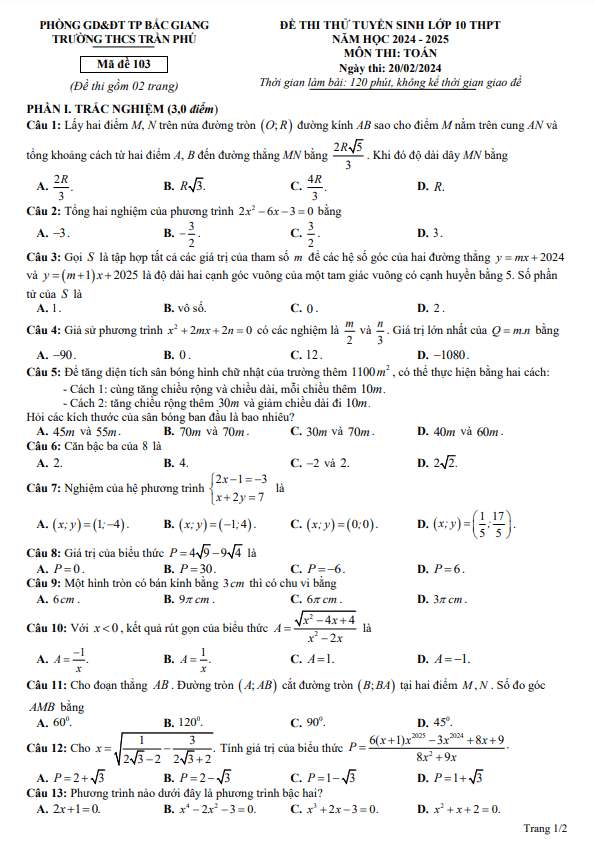 Đề thi thử Toán tuyển sinh 10 năm 2024 2025 trường THCS Trần Phú Bắc Giang