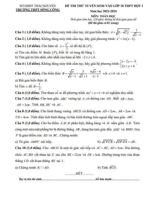 Đề thi thử Toán vào 10 đợt 1 năm 2023 2024 trường THPT Sông Công Thái Nguyên