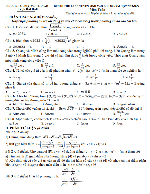 Đề thi thử Toán vào 10 lần 1 năm 2023 2024 phòng GD ĐT Hải Hậu Nam Định