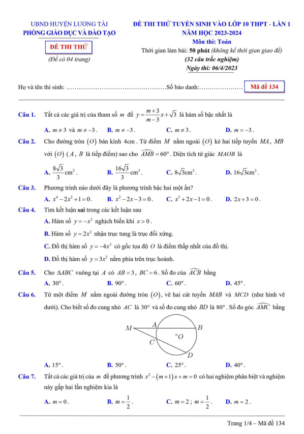 Đề thi thử Toán vào 10 lần 1 năm 2023 2024 phòng GD ĐT Lương Tài Bắc Ninh