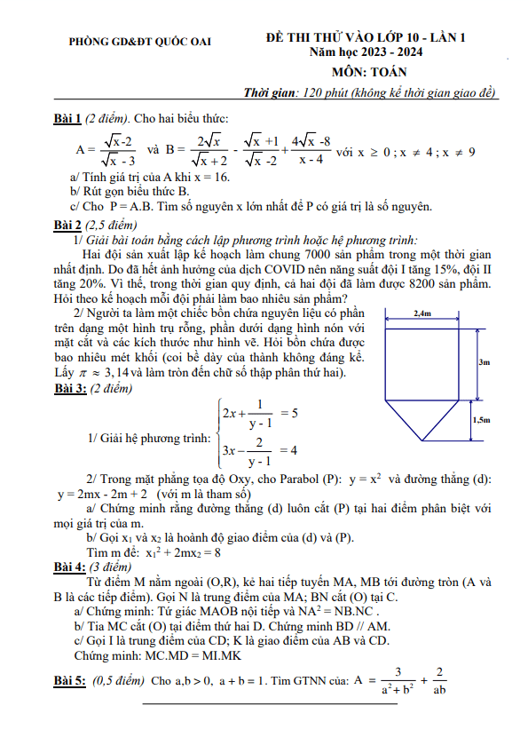 Đề thi thử Toán vào 10 lần 1 năm 2023 2024 phòng GD ĐT Quốc Oai Hà Nội