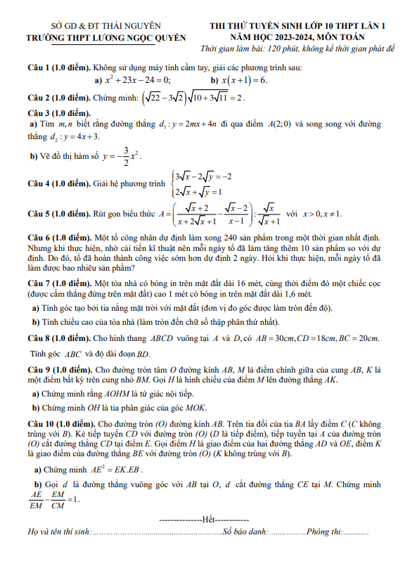 Đề thi thử Toán vào 10 lần 1 năm 2023 2024 trường Lương Ngọc Quyến Thái Nguyên