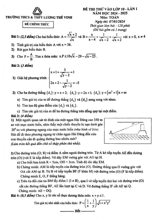 Đề thi thử Toán vào 10 lần 1 năm 2024 2025 trường Lương Thế Vinh Hà Nội