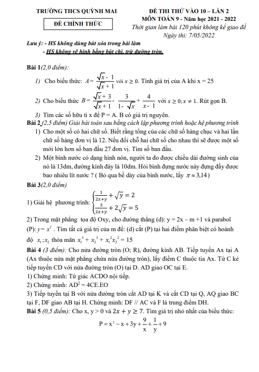 Đề thi thử Toán vào 10 lần 2 năm 2022 trường THCS Quỳnh Mai Hà Nội