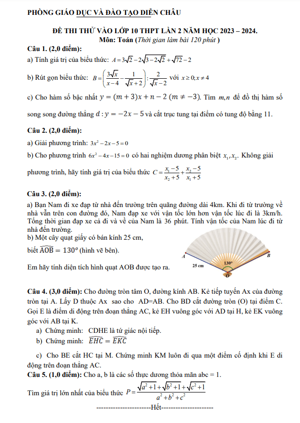 Đề thi thử Toán vào 10 lần 2 năm 2023 2024 phòng GD ĐT Diễn Châu Nghệ An