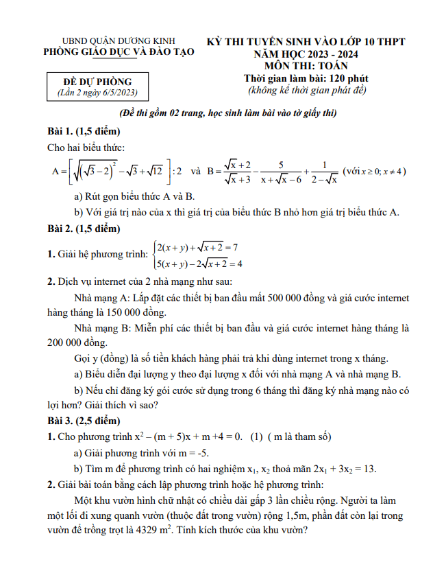 Đề thi thử Toán vào 10 lần 2 năm 2023 2024 phòng GD ĐT Dương Kinh Hải Phòng