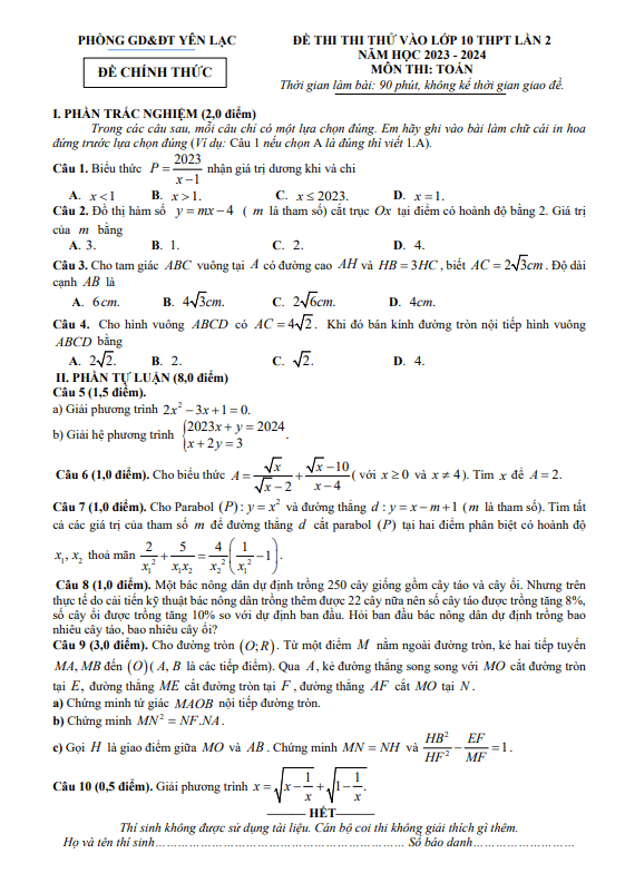 Đề thi thử Toán vào 10 lần 2 năm 2023 2024 phòng GD ĐT Yên Lạc Vĩnh Phúc