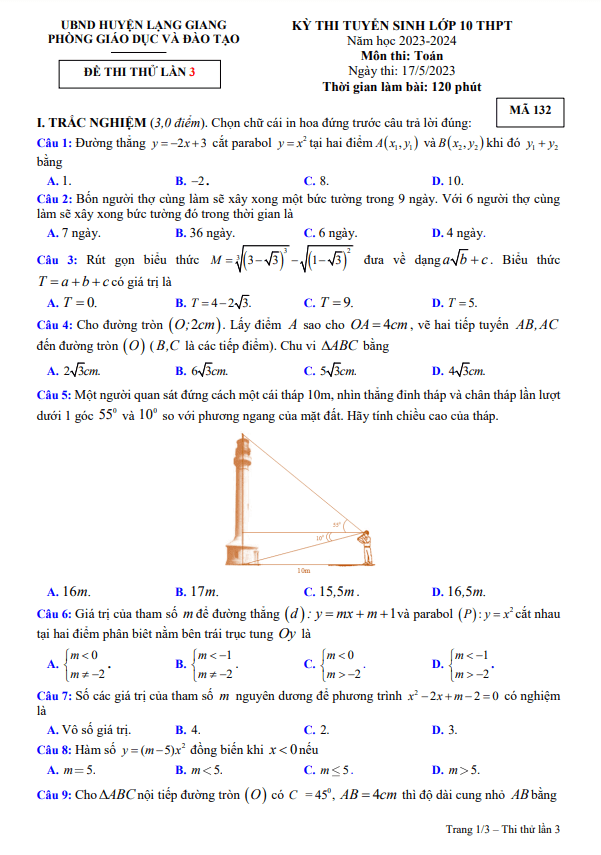 Đề thi thử Toán vào 10 lần 3 năm 2023 2024 phòng GD ĐT Lạng Giang Bắc Giang
