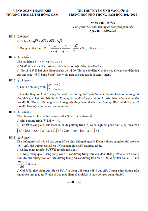 Đề thi thử Toán vào 10 năm 2023 2024 trường THCS Lê Thị Hồng Gấm Đà Nẵng