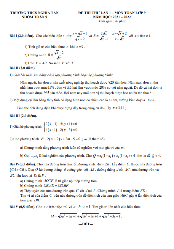 Đề thi thử Toán vào lần 1 năm 2022 trường THCS Nghĩa Tân Hà Nội