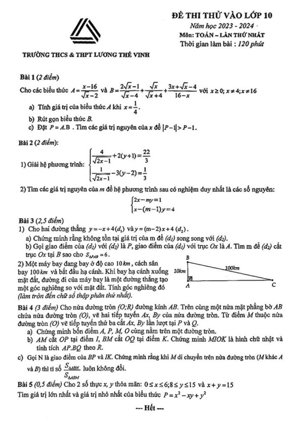Đề thi thử Toán vào lần 1 năm 2023 2024 trường Lương Thế Vinh Hà Nội