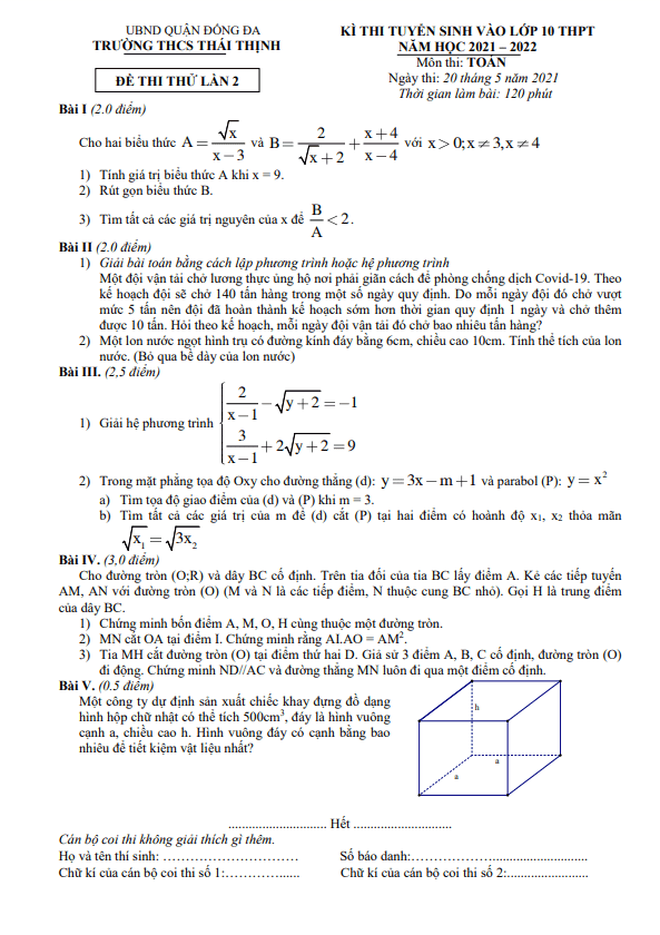 Đề thi thử Toán vào lần 2 năm 2021 2022 trường Thái Thịnh Hà Nội