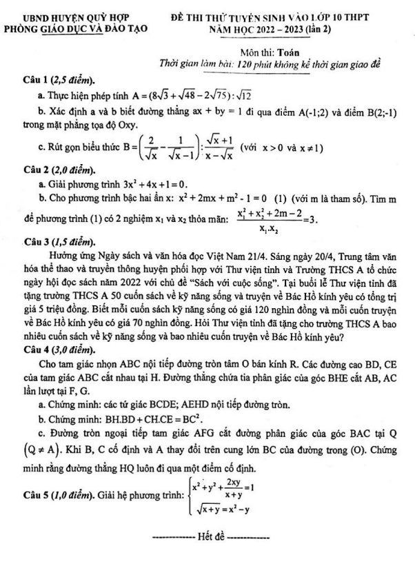 Đề thi thử Toán vào lần 2 năm 2022 2023 phòng GD ĐT Quỳ Hợp Nghệ An