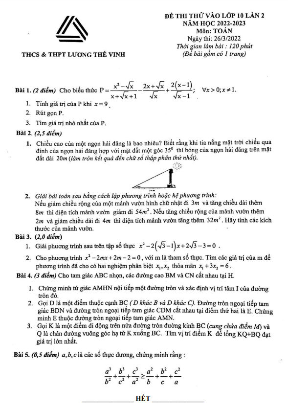 Đề thi thử Toán vào lần 2 năm 2022 2023 trường Lương Thế Vinh Hà Nội