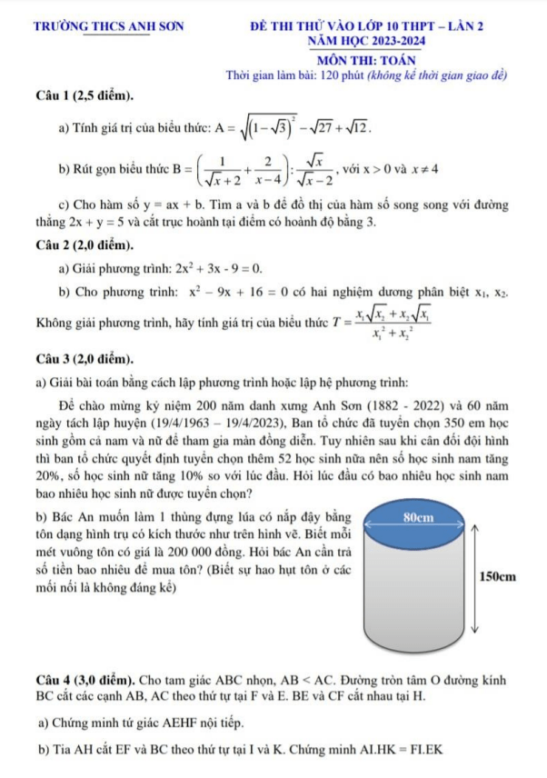 Đề thi thử Toán vào lần 2 năm 2023 2024 trường THCS Anh Sơn Nghệ An