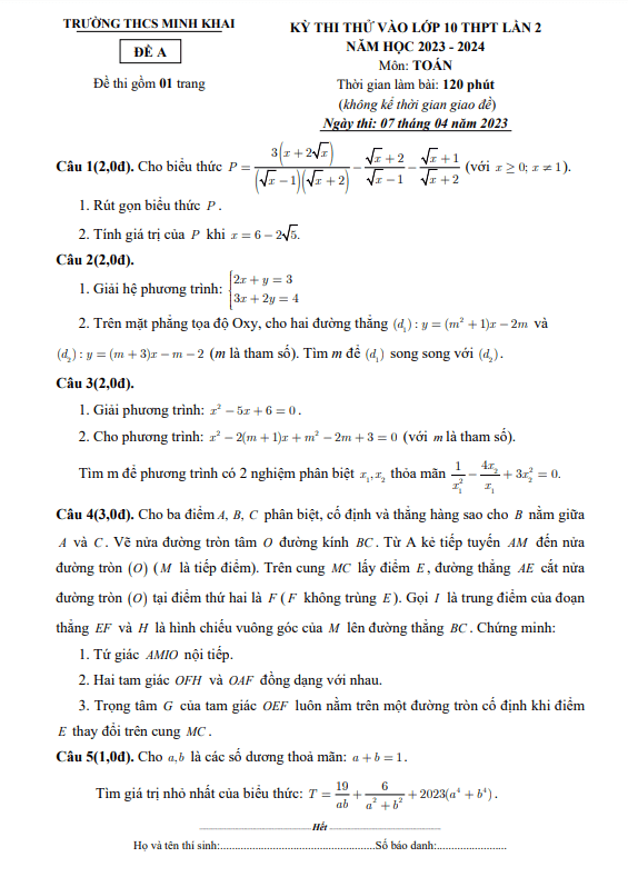 Đề thi thử Toán vào lần 2 năm 2023 2024 trường THCS Minh Khai Hà Nội