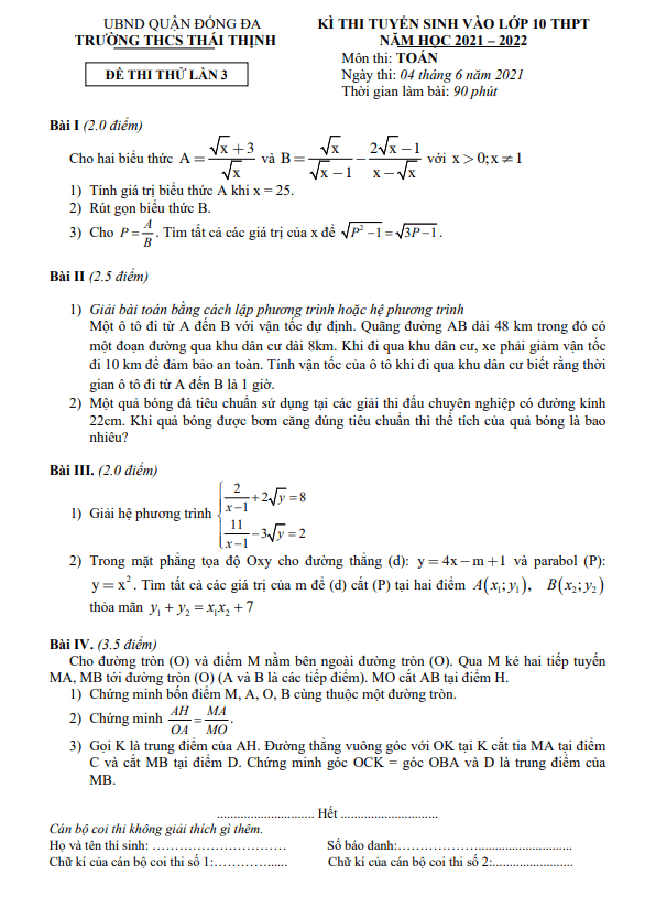 Đề thi thử Toán vào lần 3 năm 2021 2022 trường Thái Thịnh Hà Nội