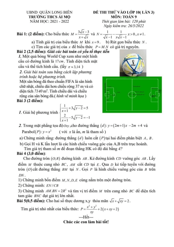 Đề thi thử Toán vào lần 3 năm 2022 trường THCS Ái Mộ Hà Nội