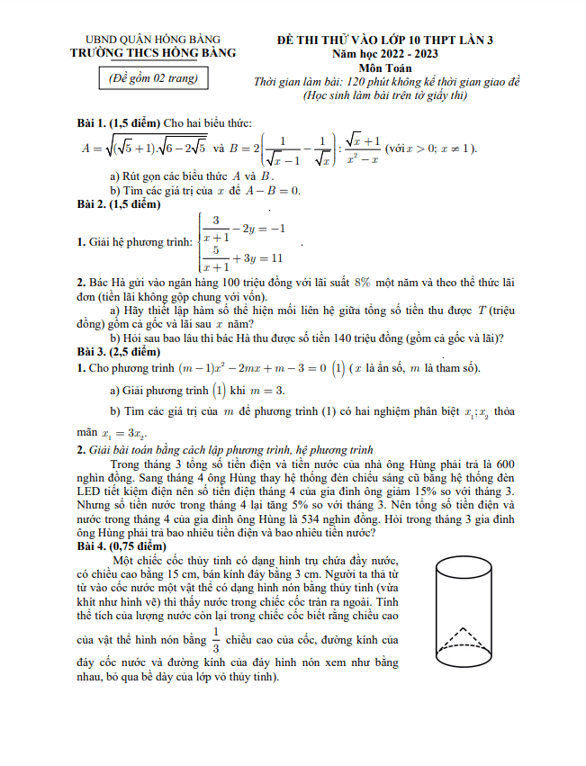 Đề thi thử Toán vào lần 3 năm 2023 trường THCS Hồng Bàng Hải Phòng