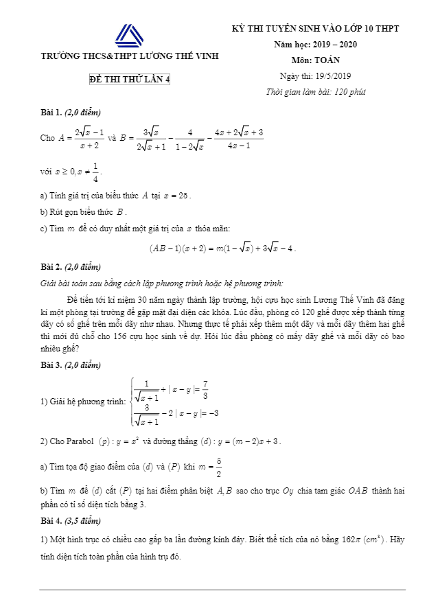 Đề thi thử Toán vào năm 2019 2020 trường Lương Thế Vinh Hà Nội lần 4