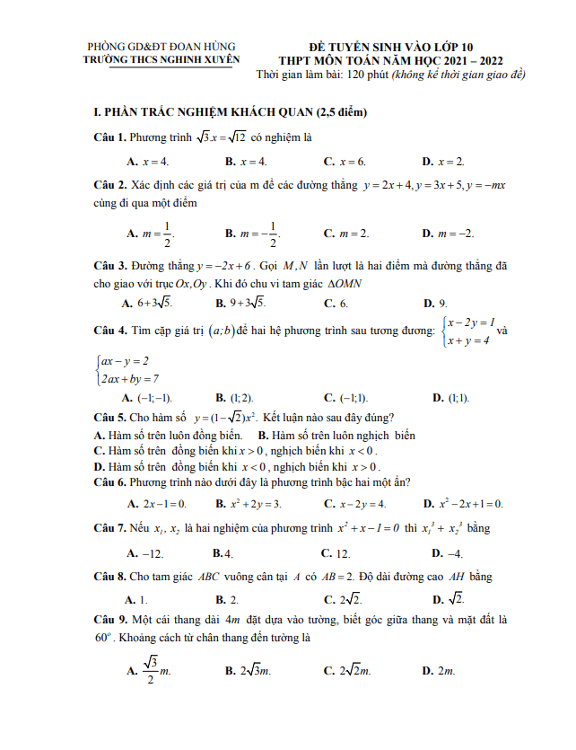 Đề thi thử Toán vào năm 2021 2022 trường THCS Nghinh Xuyên Phú Thọ