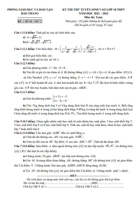 Đề thi thử Toán vào năm 2022 2023 phòng GD ĐT Bảo Thắng Lào Cai