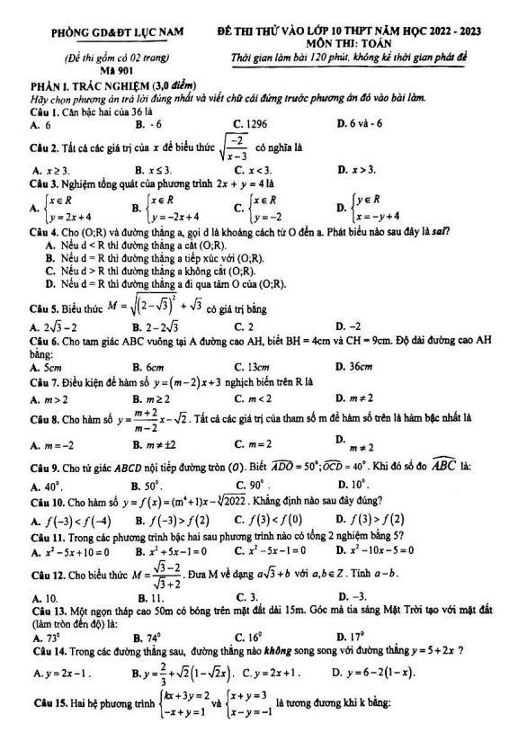 Đề thi thử Toán vào năm 2022 2023 phòng GD ĐT Lục Nam Bắc Giang