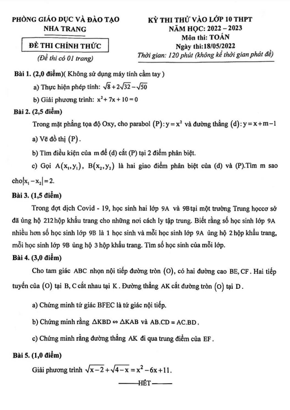 Đề thi thử Toán vào năm 2022 2023 phòng GD ĐT Nha Trang Khánh Hòa