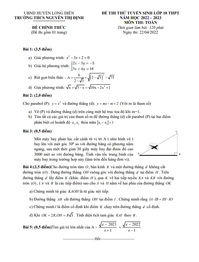 Đề thi thử Toán vào năm 2022 2023 trường THCS Nguyễn Thị Định BR VT