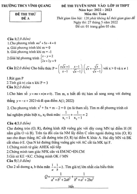 Đề thi thử Toán vào năm 2022 2023 trường THCS Vĩnh Quang Thanh Hóa