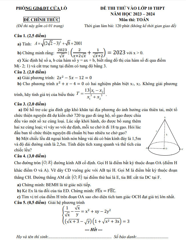 Đề thi thử Toán vào năm 2023 2024 phòng GD ĐT Cửa Lò Nghệ An