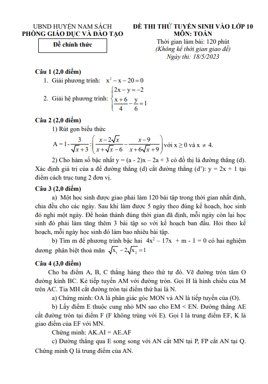 Đề thi thử Toán vào năm 2023 2024 phòng GD ĐT Nam Sách Hải Dương