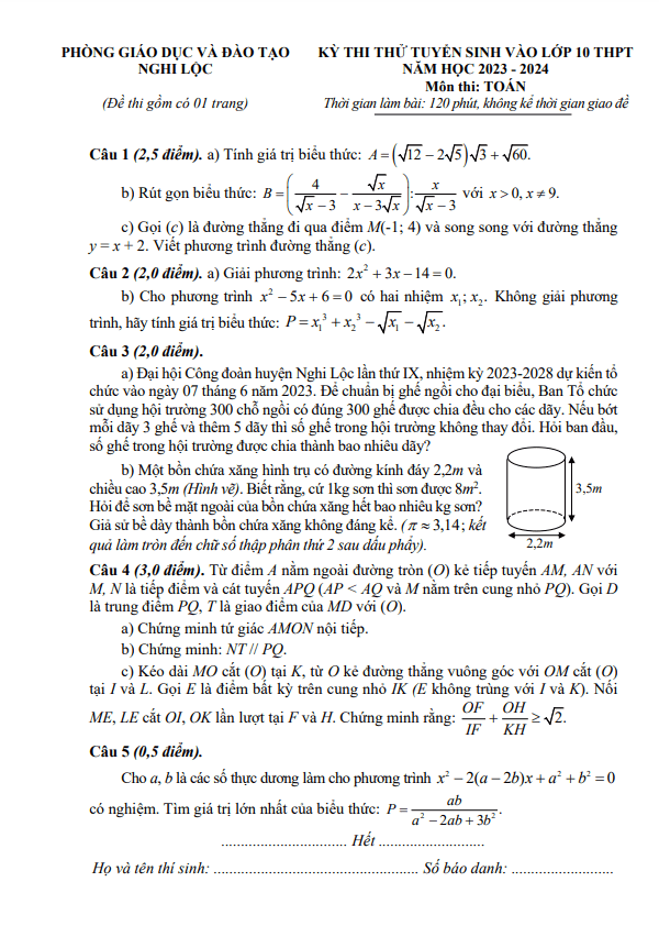 Đề thi thử Toán vào năm 2023 2024 phòng GD ĐT Nghi Lộc Nghệ An
