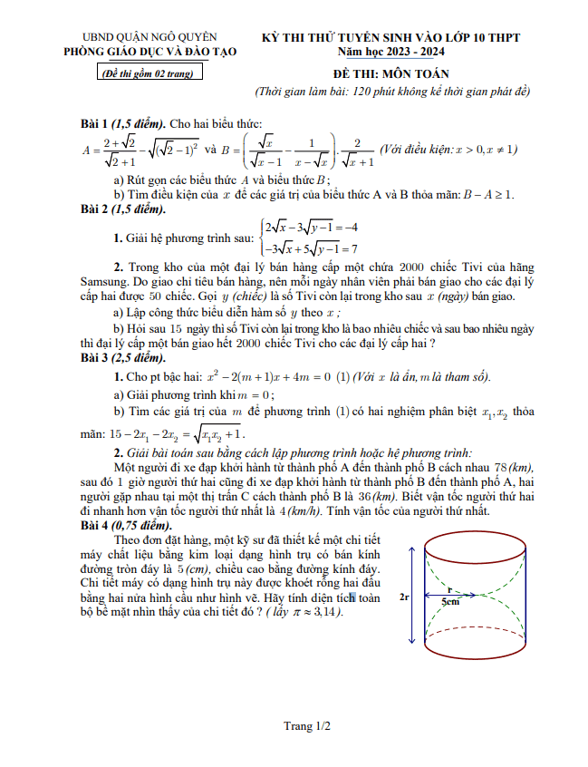 Đề thi thử Toán vào năm 2023 2024 phòng GD ĐT Ngô Quyền Hải Phòng