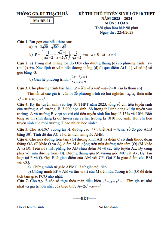 Đề thi thử Toán vào năm 2023 2024 phòng GD ĐT Thạch Hà Hà Tĩnh