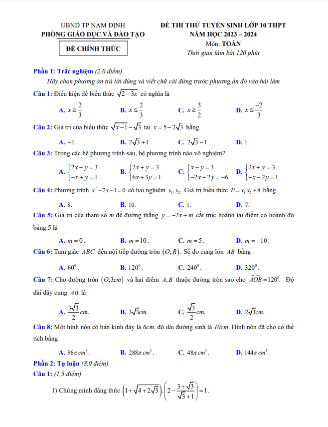 Đề thi thử Toán vào năm 2023 2024 phòng GD ĐT thành phố Nam Định