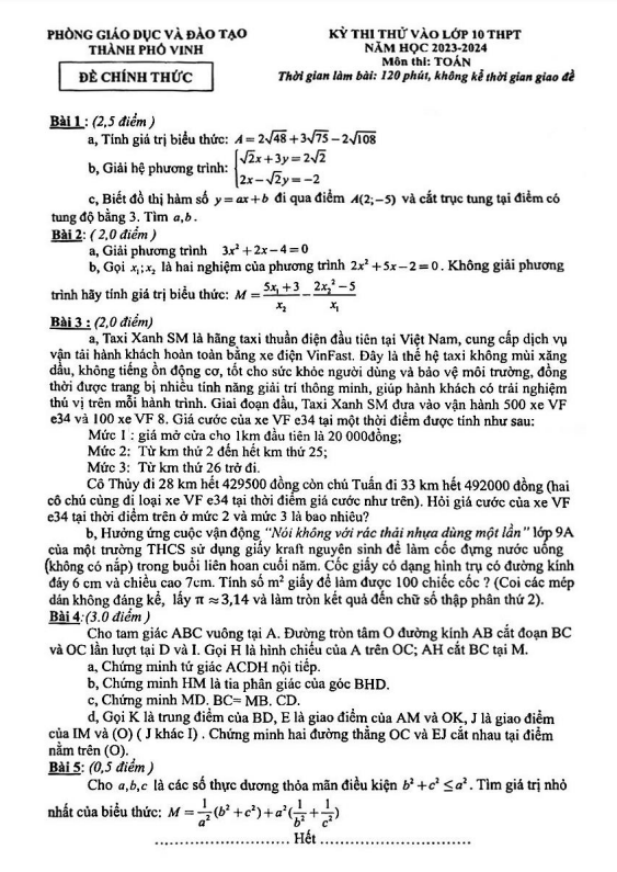 Đề thi thử Toán vào năm 2023 2024 phòng GD ĐT thành phố Vinh Nghệ An